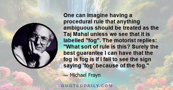 One can imagine having a procedural rule that anything ambiguous should be treated as the Taj Mahal unless we see that it is labelled fog. The motorist replies: What sort of rule is this? Surely the best guarantee I can