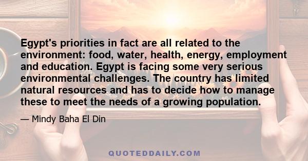 Egypt's priorities in fact are all related to the environment: food, water, health, energy, employment and education. Egypt is facing some very serious environmental challenges. The country has limited natural resources