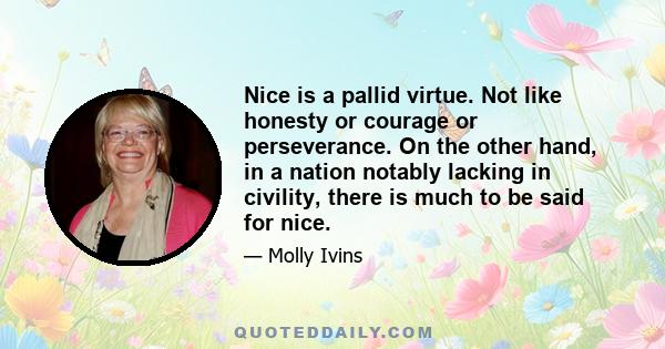 Nice is a pallid virtue. Not like honesty or courage or perseverance. On the other hand, in a nation notably lacking in civility, there is much to be said for nice.
