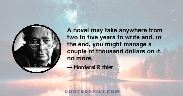 A novel may take anywhere from two to five years to write and, in the end, you might manage a couple of thousand dollars on it, no more.