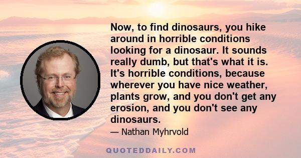 Now, to find dinosaurs, you hike around in horrible conditions looking for a dinosaur. It sounds really dumb, but that's what it is. It's horrible conditions, because wherever you have nice weather, plants grow, and you
