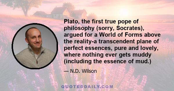 Plato, the first true pope of philosophy (sorry, Socrates), argued for a World of Forms above the reality-a transcendent plane of perfect essences, pure and lovely, where nothing ever gets muddy (including the essence