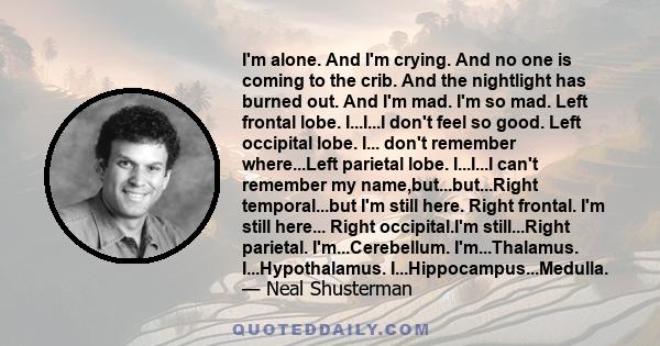 I'm alone. And I'm crying. And no one is coming to the crib. And the nightlight has burned out. And I'm mad. I'm so mad. Left frontal lobe. I...I...I don't feel so good. Left occipital lobe. I... don't remember