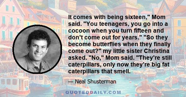 It comes with being sixteen, Mom said. You teenagers, you go into a cocoon when you turn fifteen and don't come out for years. So they become butterflies when they finally come out? my little sister Christina asked. No,