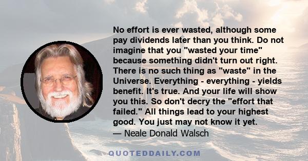 No effort is ever wasted, although some pay dividends later than you think. Do not imagine that you wasted your time because something didn't turn out right. There is no such thing as waste in the Universe. Everything -