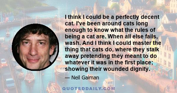 I think I could be a perfectly decent cat. I've been around cats long enough to know what the rules of being a cat are. When all else fails, wash. And I think I could master the thing that cats do, where they stalk away