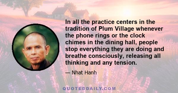 In all the practice centers in the tradition of Plum Village whenever the phone rings or the clock chimes in the dining hall, people stop everything they are doing and breathe consciously, releasing all thinking and any