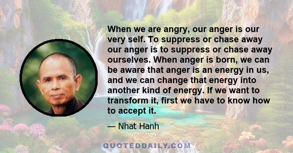 When we are angry, our anger is our very self. To suppress or chase away our anger is to suppress or chase away ourselves. When anger is born, we can be aware that anger is an energy in us, and we can change that energy