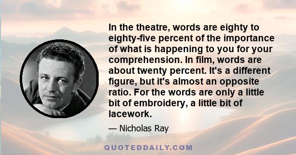 In the theatre, words are eighty to eighty-five percent of the importance of what is happening to you for your comprehension. In film, words are about twenty percent. It's a different figure, but it's almost an opposite