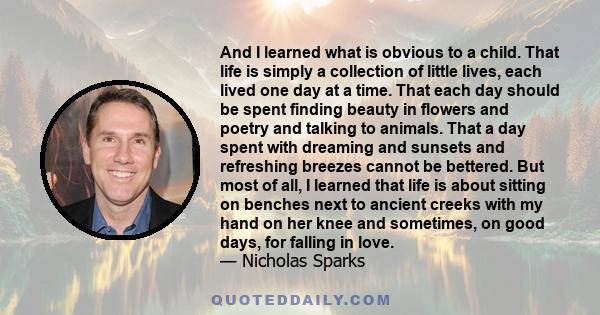 And I learned what is obvious to a child. That life is simply a collection of little lives, each lived one day at a time. That each day should be spent finding beauty in flowers and poetry and talking to animals. That a