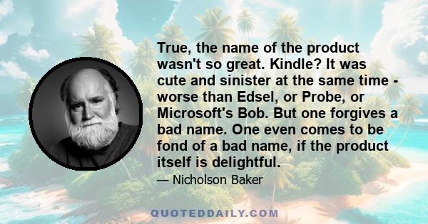 True, the name of the product wasn't so great. Kindle? It was cute and sinister at the same time - worse than Edsel, or Probe, or Microsoft's Bob. But one forgives a bad name. One even comes to be fond of a bad name, if