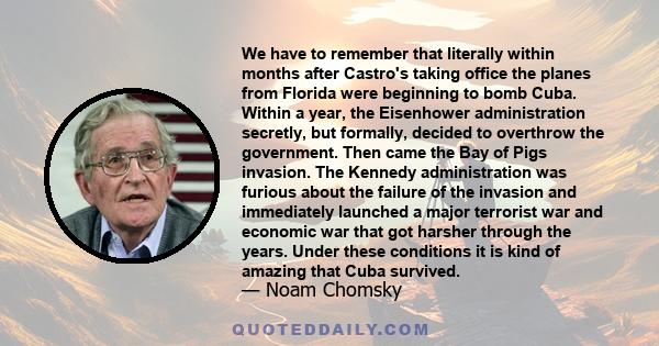 We have to remember that literally within months after Castro's taking office the planes from Florida were beginning to bomb Cuba. Within a year, the Eisenhower administration secretly, but formally, decided to