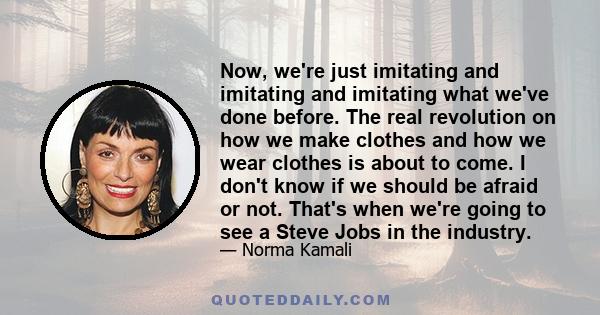 Now, we're just imitating and imitating and imitating what we've done before. The real revolution on how we make clothes and how we wear clothes is about to come. I don't know if we should be afraid or not. That's when