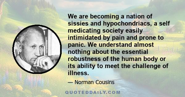 We are becoming a nation of sissies and hypochondriacs, a self medicating society easily intimidated by pain and prone to panic. We understand almost nothing about the essential robustness of the human body or its