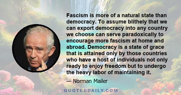 Fascism is more of a natural state than democracy. To assume blithely that we can export democracy into any country we choose can serve paradoxically to encourage more fascism at home and abroad. Democracy is a state of