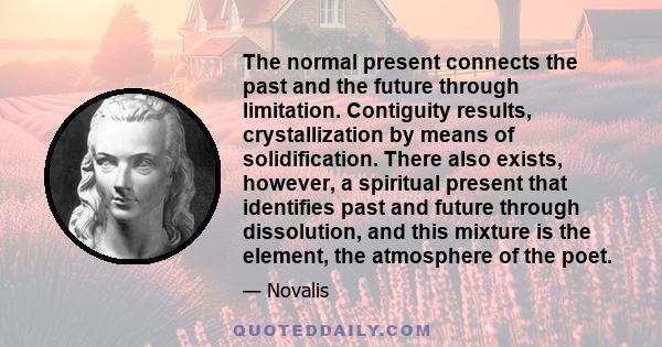 The normal present connects the past and the future through limitation. Contiguity results, crystallization by means of solidification. There also exists, however, a spiritual present that identifies past and future
