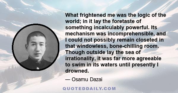 What frightened me was the logic of the world; in it lay the foretaste of something incalculably powerful. Its mechanism was incomprehensible, and I could not possibly remain closeted in that windowless, bone-chilling