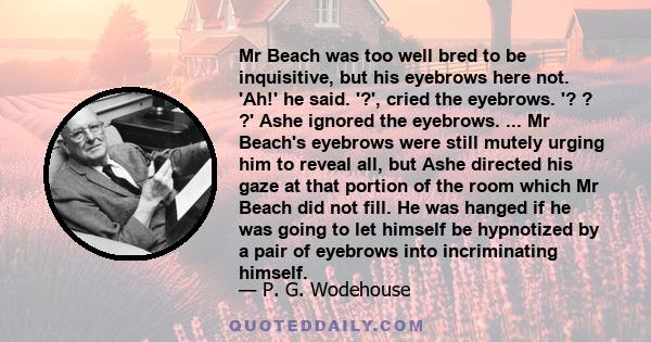 Mr Beach was too well bred to be inquisitive, but his eyebrows here not. 'Ah!' he said. '?', cried the eyebrows. '? ? ?' Ashe ignored the eyebrows. ... Mr Beach's eyebrows were still mutely urging him to reveal all, but