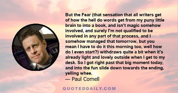 But the Fear (that sensation that all writers get of how the hell do words get from my puny little brain to into a book, and isn't magic somehow involved, and surely I'm not qualified to be involved in any part of that