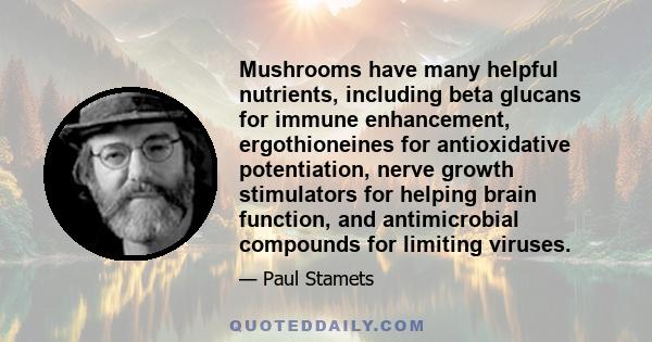 Mushrooms have many helpful nutrients, including beta glucans for immune enhancement, ergothioneines for antioxidative potentiation, nerve growth stimulators for helping brain function, and antimicrobial compounds for