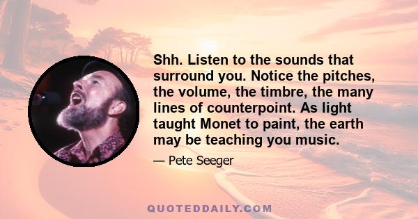 Shh. Listen to the sounds that surround you. Notice the pitches, the volume, the timbre, the many lines of counterpoint. As light taught Monet to paint, the earth may be teaching you music.