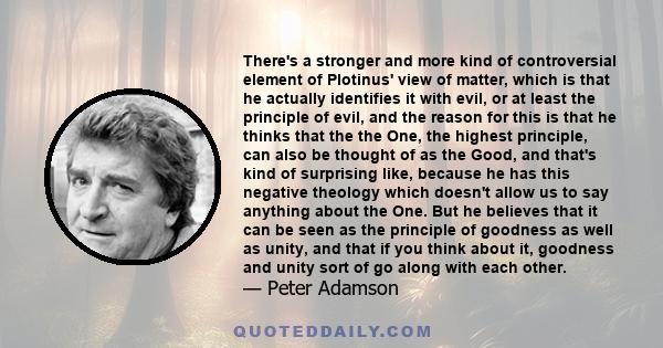 There's a stronger and more kind of controversial element of Plotinus' view of matter, which is that he actually identifies it with evil, or at least the principle of evil, and the reason for this is that he thinks that