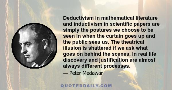 Deductivism in mathematical literature and inductivism in scientific papers are simply the postures we choose to be seen in when the curtain goes up and the public sees us. The theatrical illusion is shattered if we ask