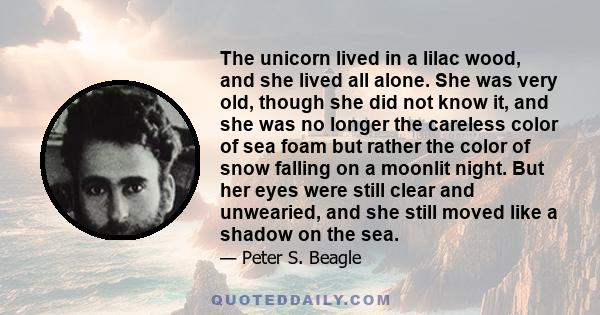 The unicorn lived in a lilac wood, and she lived all alone. She was very old, though she did not know it, and she was no longer the careless color of sea foam but rather the color of snow falling on a moonlit night. But