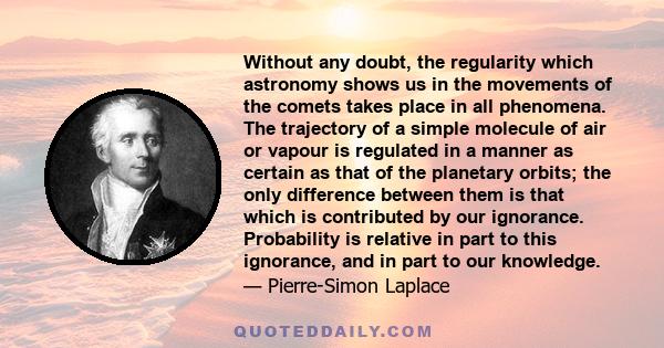 Without any doubt, the regularity which astronomy shows us in the movements of the comets takes place in all phenomena. The trajectory of a simple molecule of air or vapour is regulated in a manner as certain as that of