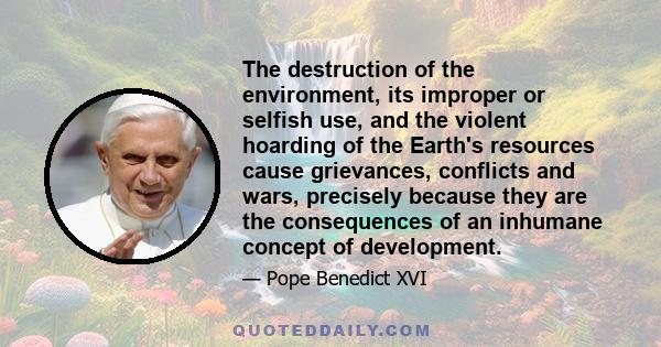 The destruction of the environment, its improper or selfish use, and the violent hoarding of the Earth's resources cause grievances, conflicts and wars, precisely because they are the consequences of an inhumane concept