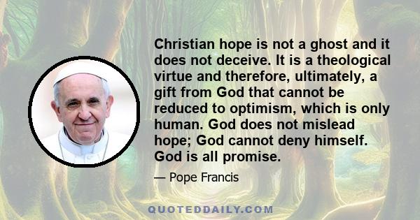 Christian hope is not a ghost and it does not deceive. It is a theological virtue and therefore, ultimately, a gift from God that cannot be reduced to optimism, which is only human. God does not mislead hope; God cannot