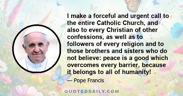 I make a forceful and urgent call to the entire Catholic Church, and also to every Christian of other confessions, as well as to followers of every religion and to those brothers and sisters who do not believe: peace is