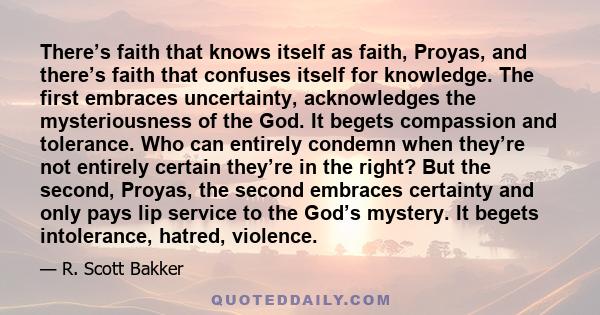 There’s faith that knows itself as faith, Proyas, and there’s faith that confuses itself for knowledge. The first embraces uncertainty, acknowledges the mysteriousness of the God. It begets compassion and tolerance. Who