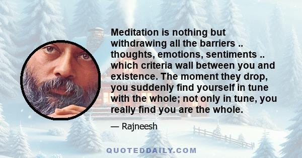 Meditation is nothing but withdrawing all the barriers .. thoughts, emotions, sentiments .. which criteria wall between you and existence. The moment they drop, you suddenly find yourself in tune with the whole; not