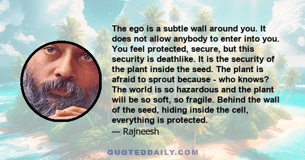 The ego is a subtle wall around you. It does not allow anybody to enter into you. You feel protected, secure, but this security is deathlike. It is the security of the plant inside the seed. The plant is afraid to