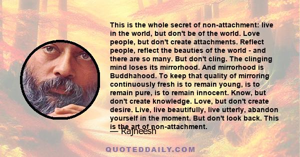 This is the whole secret of non-attachment: live in the world, but don't be of the world. Love people, but don't create attachments. Reflect people, reflect the beauties of the world - and there are so many. But don't