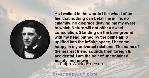 As I walked in the woods I felt what I often feel that nothing can befall me in life, no calamity, no disgrace (leaving me my eyes) to which Nature will not offer a sweet consolation. Standing on the bare ground with my