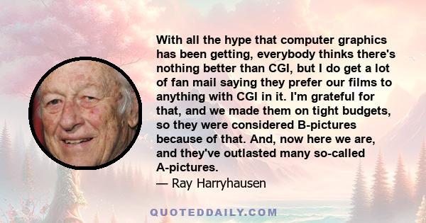 With all the hype that computer graphics has been getting, everybody thinks there's nothing better than CGI, but I do get a lot of fan mail saying they prefer our films to anything with CGI in it. I'm grateful for that,