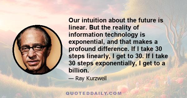 Our intuition about the future is linear. But the reality of information technology is exponential, and that makes a profound difference. If I take 30 steps linearly, I get to 30. If I take 30 steps exponentially, I get