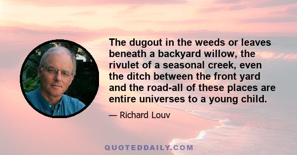 The dugout in the weeds or leaves beneath a backyard willow, the rivulet of a seasonal creek, even the ditch between the front yard and the road-all of these places are entire universes to a young child.