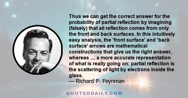 Thus we can get the correct answer for the probability of partial reflection by imagining (falsely) that all reflection comes from only the front and back surfaces. In this intuitively easy analysis, the 'front surface'