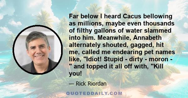 Far below I heard Cacus bellowing as millions, maybe even thousands of filthy gallons of water slammed into him. Meanwhile, Annabeth alternately shouted, gagged, hit me, called me endearing pet names like, Idiot! Stupid
