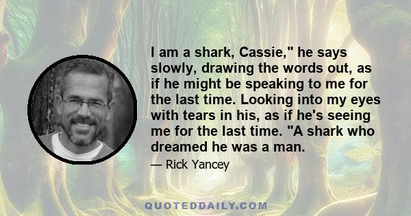 I am a shark, Cassie, he says slowly, drawing the words out, as if he might be speaking to me for the last time. Looking into my eyes with tears in his, as if he's seeing me for the last time. A shark who dreamed he was