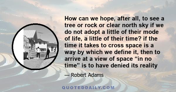 How can we hope, after all, to see a tree or rock or clear north sky if we do not adopt a little of their mode of life, a little of their time? if the time it takes to cross space is a way by which we define it, then to