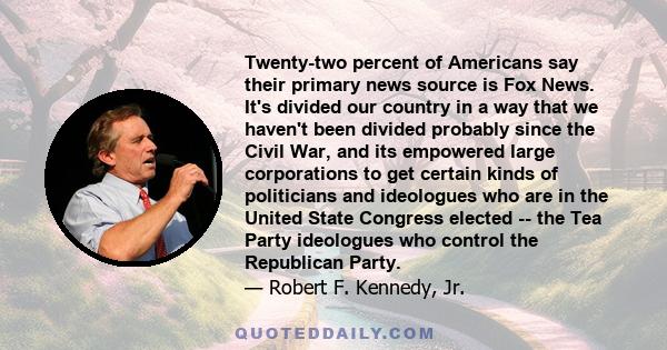 Twenty-two percent of Americans say their primary news source is Fox News. It's divided our country in a way that we haven't been divided probably since the Civil War, and its empowered large corporations to get certain