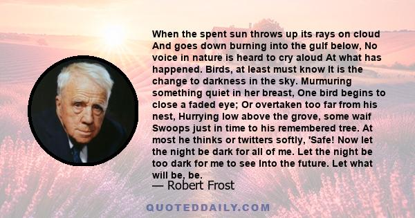 When the spent sun throws up its rays on cloud And goes down burning into the gulf below, No voice in nature is heard to cry aloud At what has happened. Birds, at least must know It is the change to darkness in the sky.