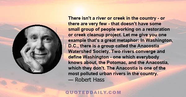 There isn't a river or creek in the country - or there are very few - that doesn't have some small group of people working on a restoration or creek cleanup project. Let me give you one example that's a great metaphor: