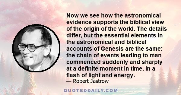 Now we see how the astronomical evidence supports the biblical view of the origin of the world. The details differ, but the essential elements in the astronomical and biblical accounts of Genesis are the same: the chain