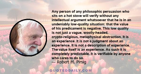 Any person of any philosophic persuasion who sits on a hot stove will verify without any intellectual argument whatsoever that he is in an undeniably low-quality situation: that the value of his predicament is negative.