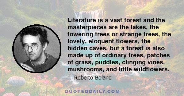 Literature is a vast forest and the masterpieces are the lakes, the towering trees or strange trees, the lovely, eloquent flowers, the hidden caves, but a forest is also made up of ordinary trees, patches of grass,